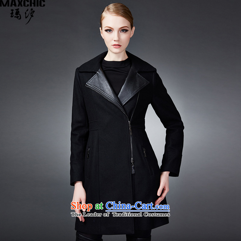 2015 winter Princess Hsichih maxchic simple and stylish spell pu lapel a zipper wool coat female jacket 22692? black L