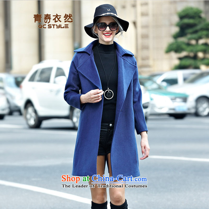 Youth 2015 autumn and winter clothing so the new Korean version of Sau San a thin coat graphics gross coats female Blue?M?