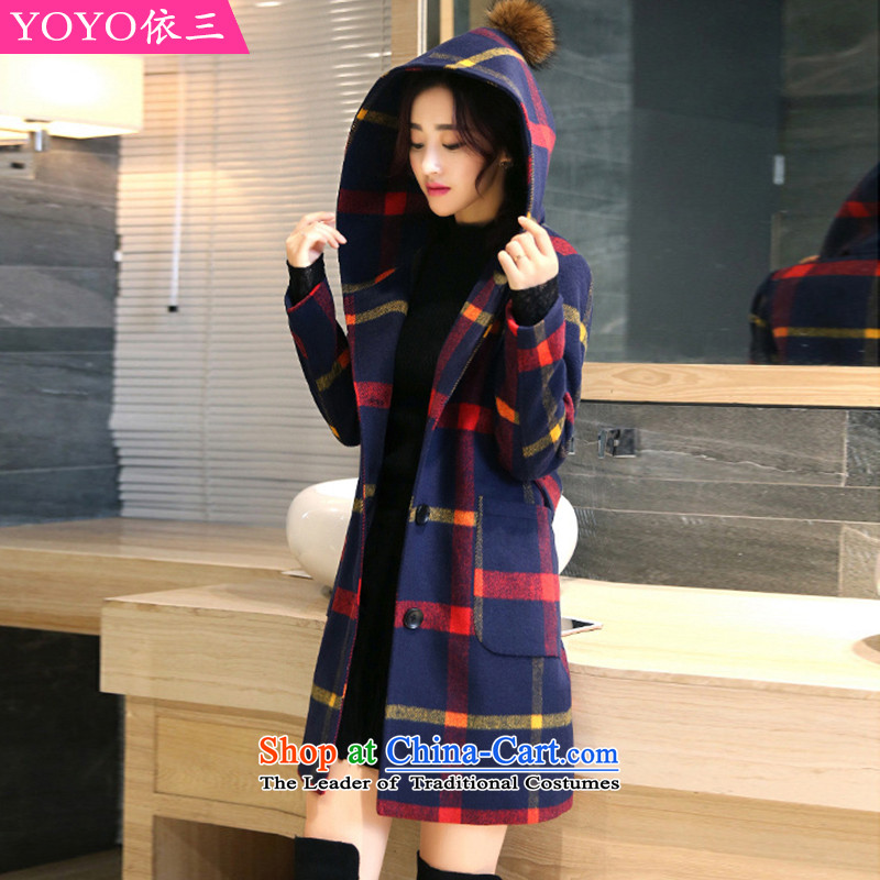 The YOYO optimization with 2015 Winter New elegant grid with cap jacket coat V1833 gross? Red and Yellow Tartan?S