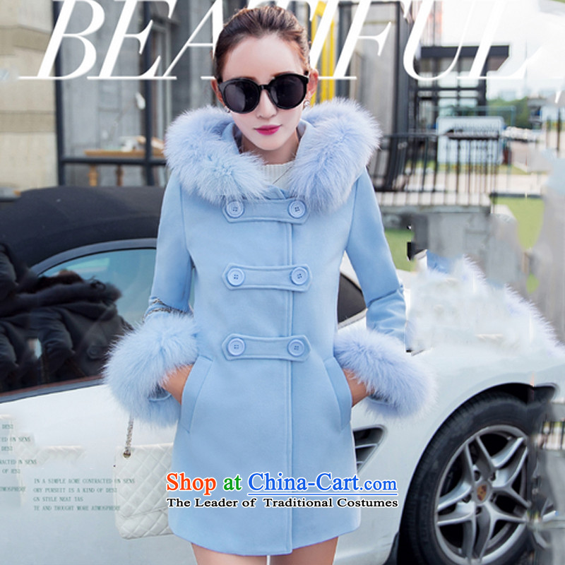 Yi Wu 2015 autumn and winter new Korean jacket in gross? Long Fox for gross a wool coat female third row detained Y8909 SKYBLUE L, Yi Wu , , , shopping on the Internet