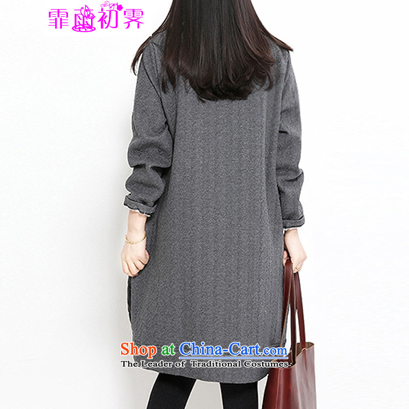 The beginning of the rain. Arpina ji 2015 autumn and winter new Korean version of large numbers of ladies round-neck collar clip cotton stitching thick long-sleeved dresses 597 gray XL, Fei Yu Ji (fei apr early la pluie è) , , , shopping on the Internet