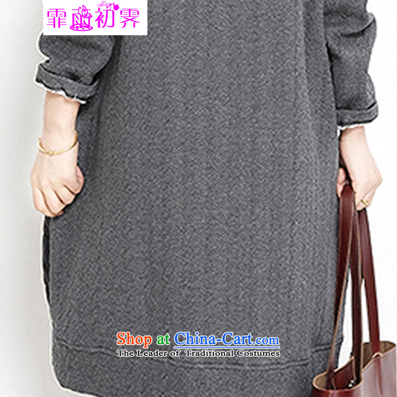 The beginning of the rain. Arpina ji 2015 autumn and winter new Korean version of large numbers of ladies round-neck collar clip cotton stitching thick long-sleeved dresses 597 gray XL, Fei Yu Ji (fei apr early la pluie è) , , , shopping on the Internet
