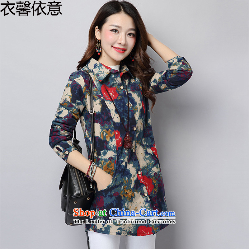According to the Italian shirts Xin Yi Girls 2015 autumn and winter new stamp in the retro long for women cotton linen cotton shirt Y422 thickened the blue M Yi Xin in accordance with the intention of online shopping has been pressed.