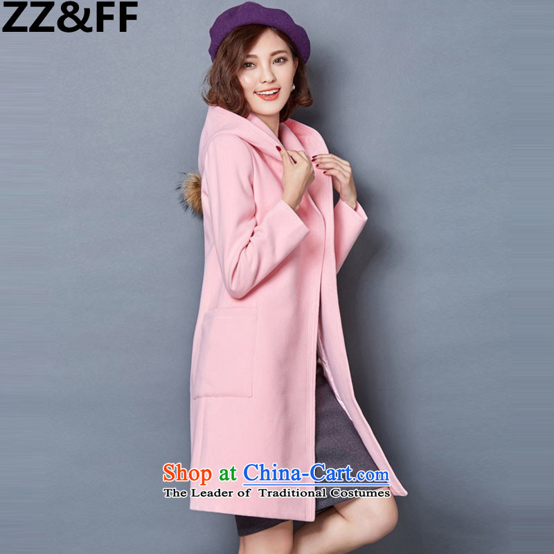 2015 Autumn and winter Zz&ff new stylish decorated Korean women who are long thin thickened graphics gross? overcoat 1585 pink XL,ZZ&FF,,, shopping on the Internet