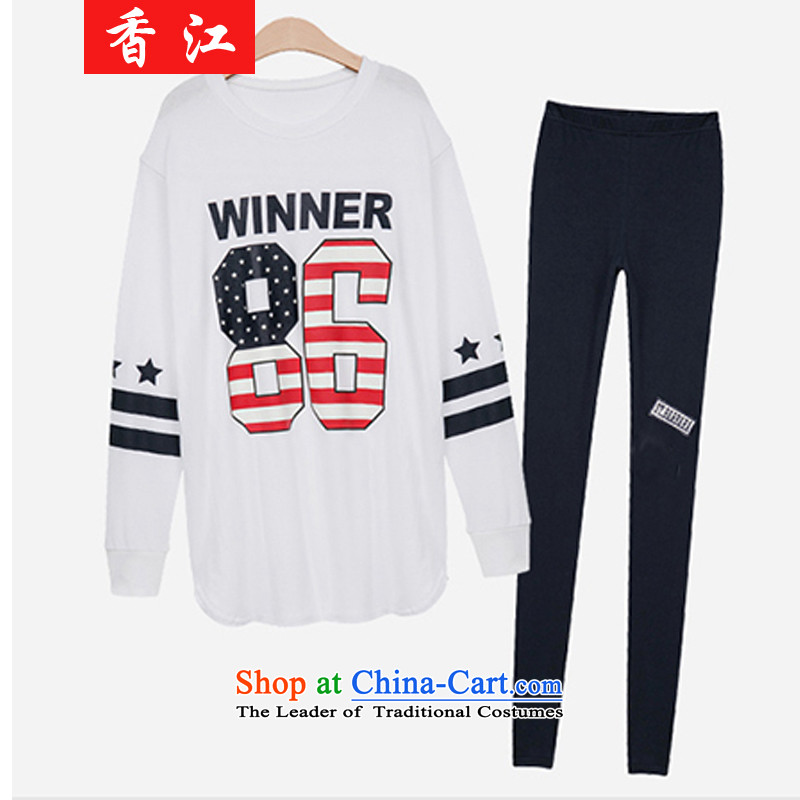 Xiang Jiang Fall/Winter Collections thick sister larger women wear thin shirt loose video 200 catties thick mm sweater pants and two piece T-shirt shirt Kit 358 navy blue blouse female + Light gray trousers larger 5XL, Xiangjiang , , , shopping on the Int