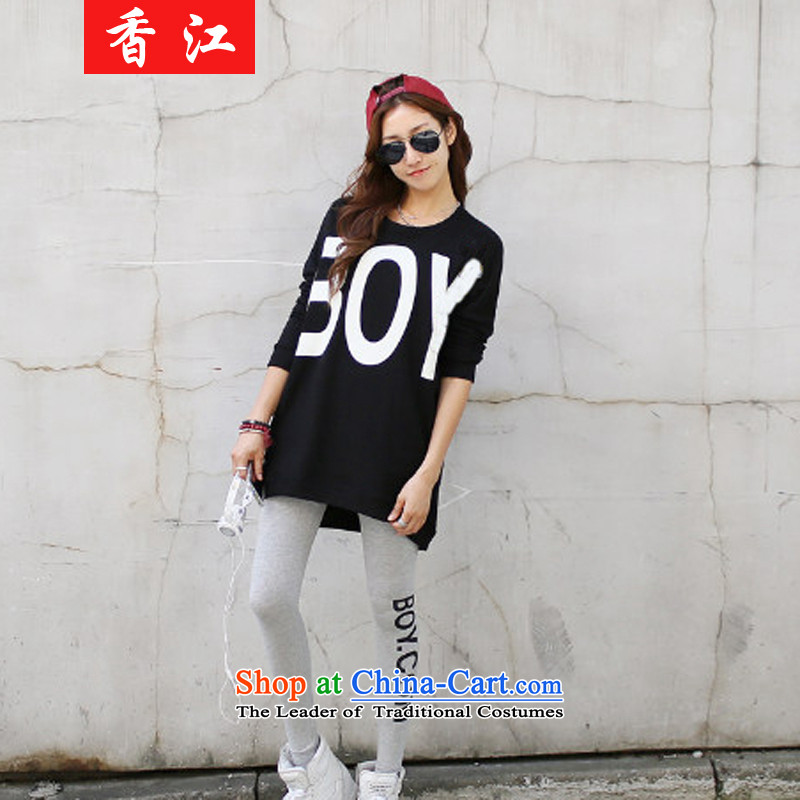 Xiang Jiang to intensify the autumn and winter new larger female thick mm long-sleeved sweater two kits thick sister increase video thin coat loose trousers Kit 350 light gray T-shirt + winter black trousers larger 5XL, Xiangjiang , , , shopping on the Internet