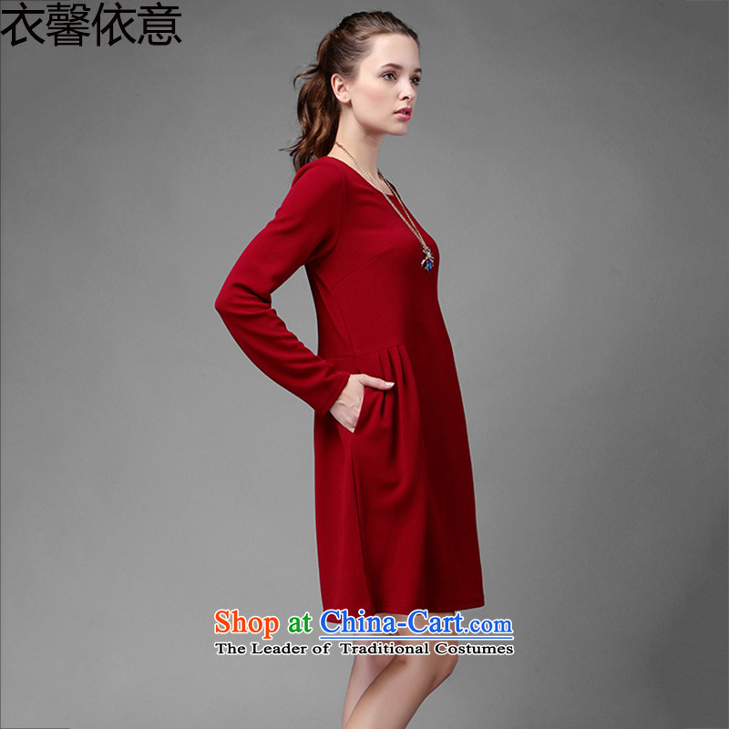 According to the Italian Xin Yi Code women 2015 autumn and winter new plus lint-free large thick women's dresses, forming the long-sleeved thin graphics Sau San skirt Y432 wine red XL, Yi Xin in accordance with the intention of online shopping has been pr