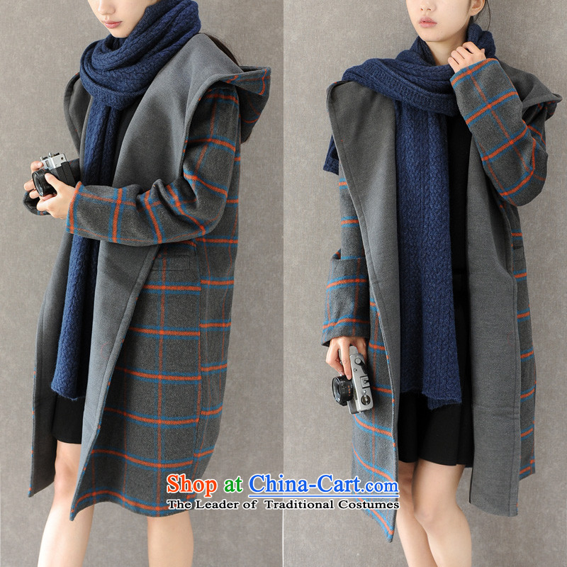 The Kapok 168#2015 fashion autumn and winter new Korean large grid in reverse collar long cap gross gray jacket is   L, Muk Min (mumianfengshang fads) , , , shopping on the Internet