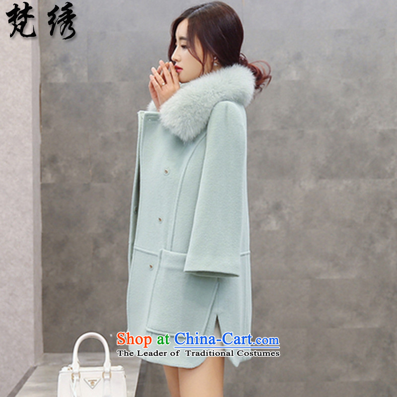 Van Gogh  2015 autumn and winter embroidered new Korean girl in gross? jacket long nagymaros collar cashmere overcoat so Sau San thick 1819 light green XL, Van Gogh embroidered shopping on the Internet has been pressed.