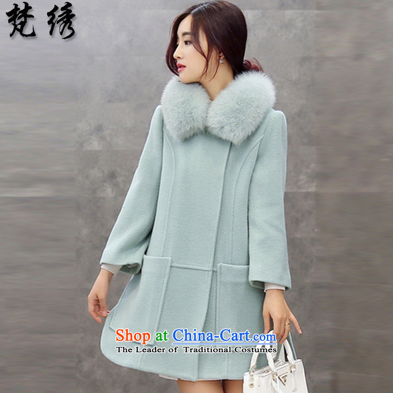 Van Gogh  2015 autumn and winter embroidered new Korean girl in gross? jacket long nagymaros collar cashmere overcoat so Sau San thick 1819 light green XL, Van Gogh embroidered shopping on the Internet has been pressed.