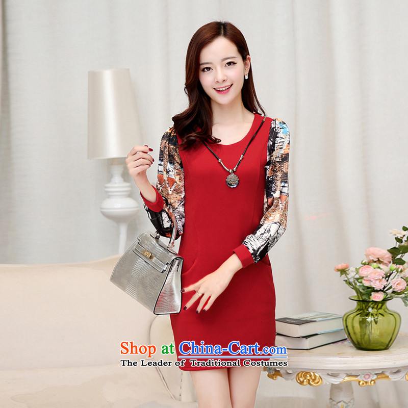 The Pearl of the Nga 2015 autumn and winter Korean new large long-sleeved blouses chiffon dress in long skirt XYZ6715# forming the Sau San Red pearl nga (L, YAZHUNA shopping on the Internet has been pressed.)
