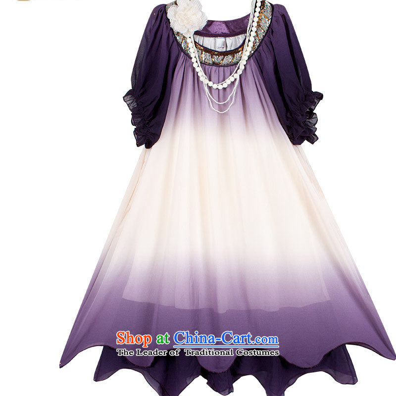 The sea route to spend the summer new Korean version thin thick mm gradient round-neck collar hand Stitch pearl bubble cuff large relaxd dress dream purple sea route, L, spend shopping on the Internet has been pressed.