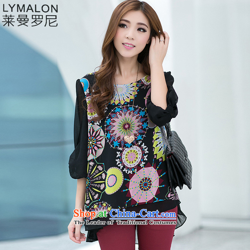 The lymalon lehmann thick, Hin thin 2015 autumn the new Korean version of large numbers of ladies in the sleek and versatile cuff chiffon shirt shirt 6030 Black?XL