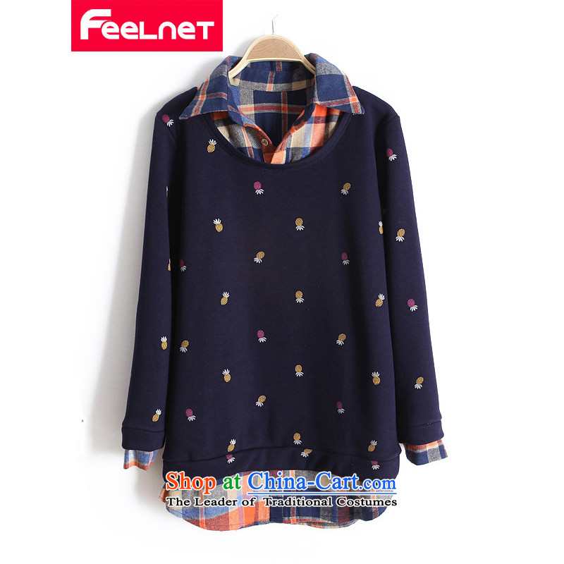 The Korean version of the 2015 autumn feelnet winter clothing new larger female thick sister video thin leave two plaid stitching oversized code 748 dark blue 3XL-42 shirt code ,FEELNET,,, shopping on the Internet