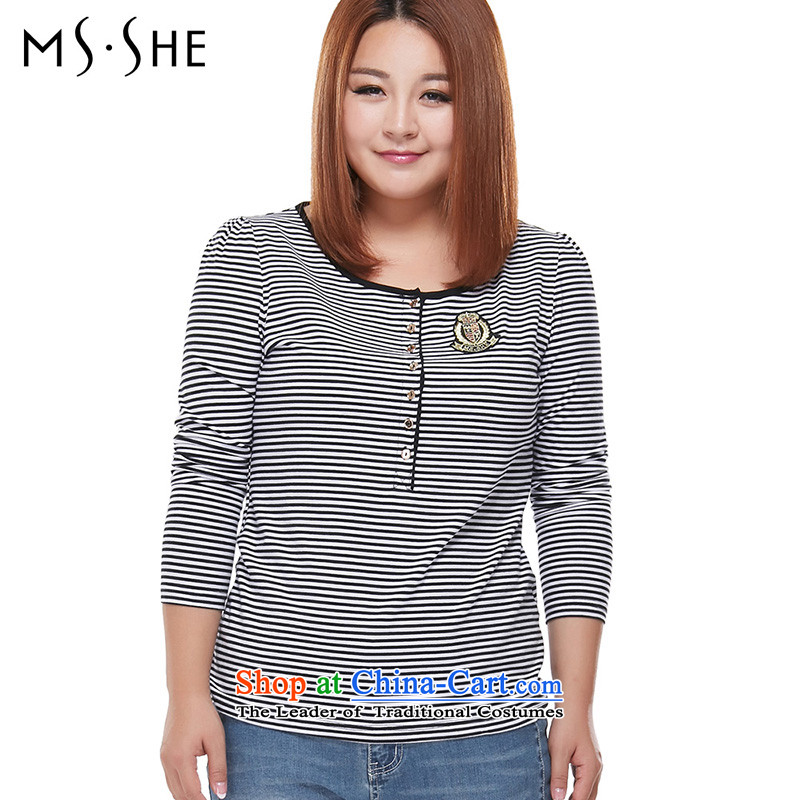 Msshe xl women 2015 mm thick autumn graphics thin long-sleeved shirt, forming the knitwear T-shirt, black-and-white 3085?4XL