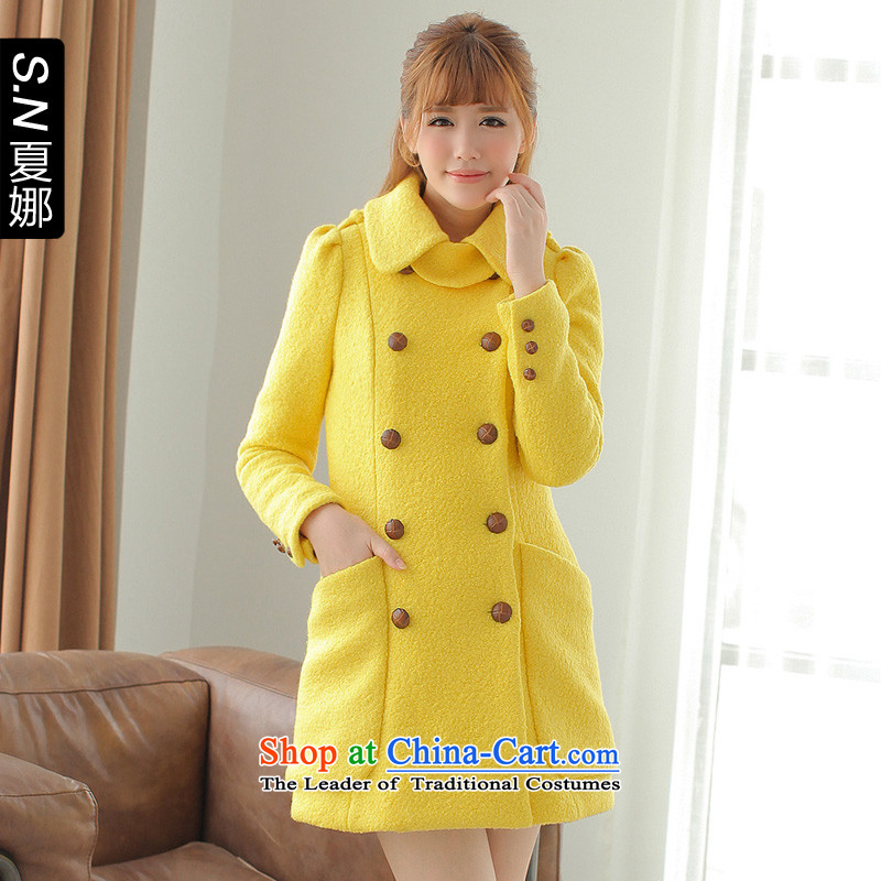 Ha-na _shinena_ autumn and winter load new Korean Sau San round-neck collar double row is long wool coat yellow jacket Ms.?M
