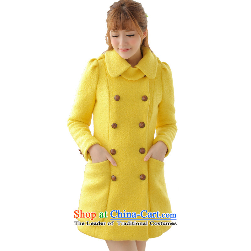 Ha-na (shinena) autumn and winter load new Korean Sau San round-neck collar double row is long wool coat yellow jacket Ms.? M Ha-na (shinena) , , , shopping on the Internet