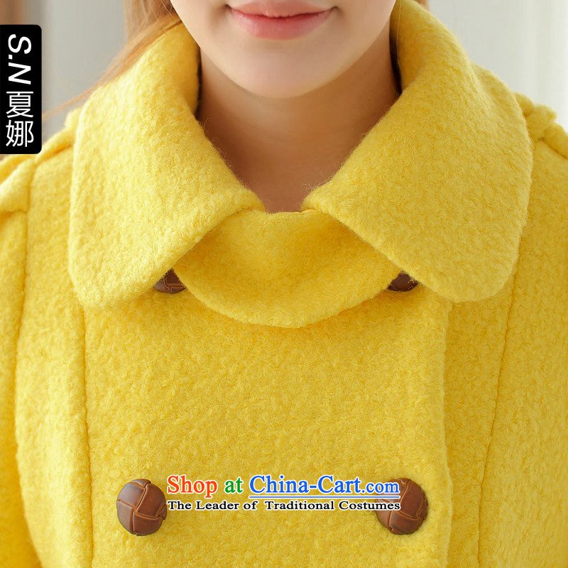 Ha-na (shinena) autumn and winter load new Korean Sau San round-neck collar double row is long wool coat yellow jacket Ms.? M Ha-na (shinena) , , , shopping on the Internet