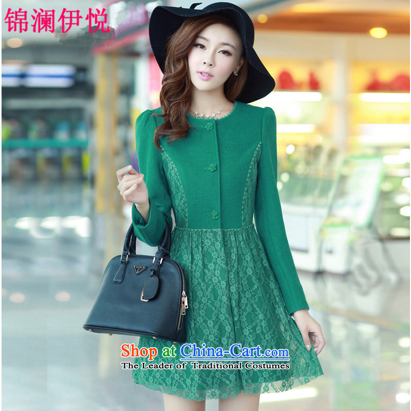 The world of Kam Yuet autumn and winter Korean Women's clothes, simple and classy Sau San temperament bon bon under the lace hook spend a wool coat jacket gross trend is simple and stylish lady greenL