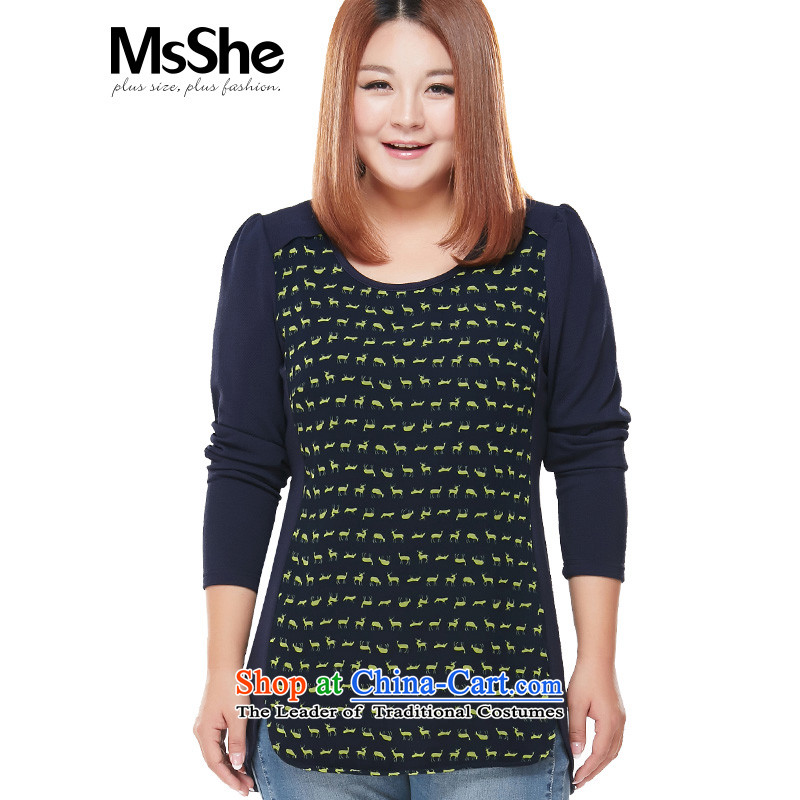 To increase the number msshe women 2015 Autumn new thick mm long-sleeved shirt, forming the T-shirt Netherlands 5762 possession of Sorok3XL blue