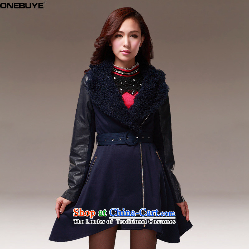 Onebuyewinter PU stitching long-sleeved folded out for female jacket coat gross BlueM