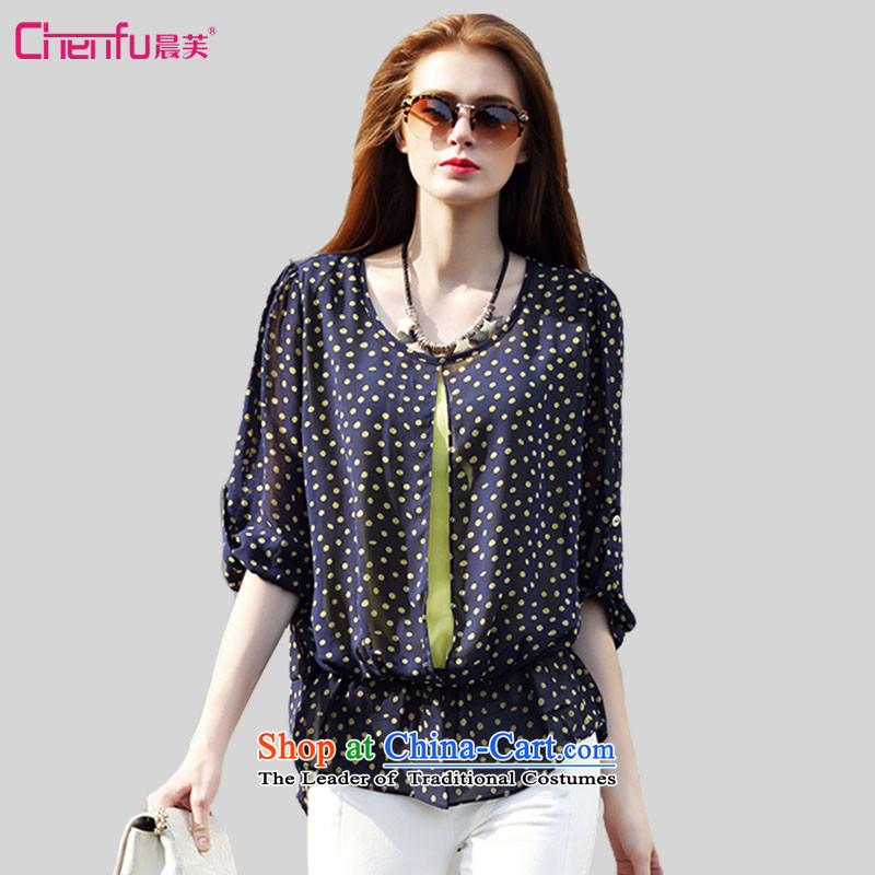 2015 summer morning to the new Europe and to increase the number of women with a relaxd and stylish shirt chiffon fat mm minimalist wild color wave knocked at the chiffon shirt T-shirt black and yellow wave pointM for 100-110 catties_