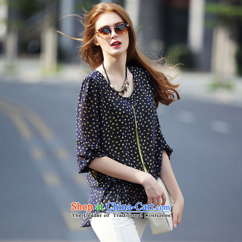 2015 summer morning to the new Europe and to increase the number of women with a relaxd and stylish shirt chiffon fat mm minimalist wild color wave knocked at the chiffon shirt T-shirt black and yellow wave point M suitable for 100-110) morning to , , , c