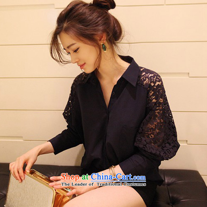 Arthur magic yi 2015 Spring/Summer Korean female lace stitching bat sleeves large relaxd casual shirt, black 5839 M, Arthur Magic Yi shopping on the Internet has been pressed.