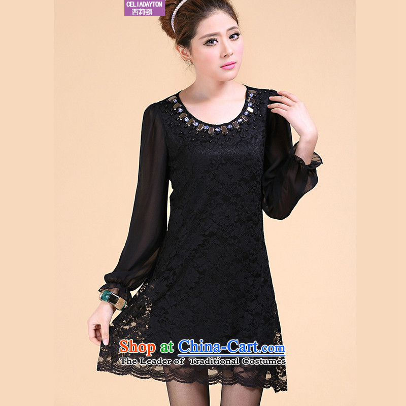 Szili Clinton larger female spring 2015 new MM thick Korean version of thin nail drill upscale lace dresses counters to increase the quality of long-sleeved black skirt 3XL Coated