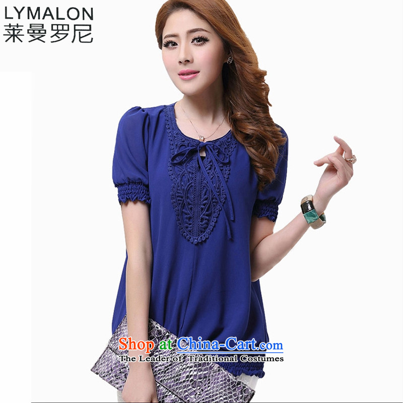 The lymalon lehmann thick, Hin thin 2015 Summer new Korean version of large numbers of ladies Sleek and versatile short-sleeved shirt T-shirt shirt 1601 Blue4XL