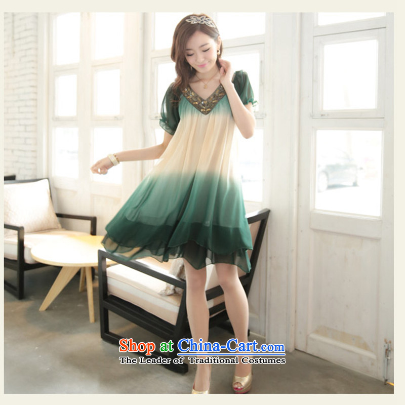 El-ju Yee Nga new larger female loose increase thick sister video thin Foutune of short-sleeved 4XL chiffon dresses Y01687 green gradient?XXXL