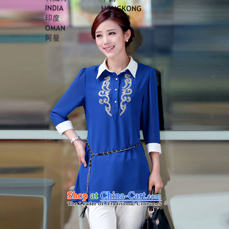 El-ju Yee Nga 2015 Spring and Autumn Korean modern large thin graphics Sau San female characteristics embroidered chiffon shirt YY8683 blue L