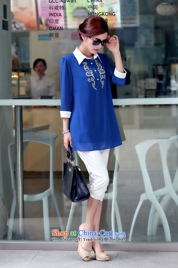 El-ju Yee Nga 2015 Spring and Autumn Korean modern large thin graphics Sau San female characteristics embroidered chiffon shirt YY8683 blue L picture, prices, brand platters! The elections are supplied in the national character of distribution, so action, buy now enjoy more preferential! As soon as possible.
