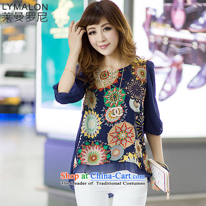 The lymalon lehmann thick, Hin thin 2015 Summer new Korean version of large numbers of women in the cuff does not rule the chiffon shirt shirts Stamp Collection 8033 Blue L