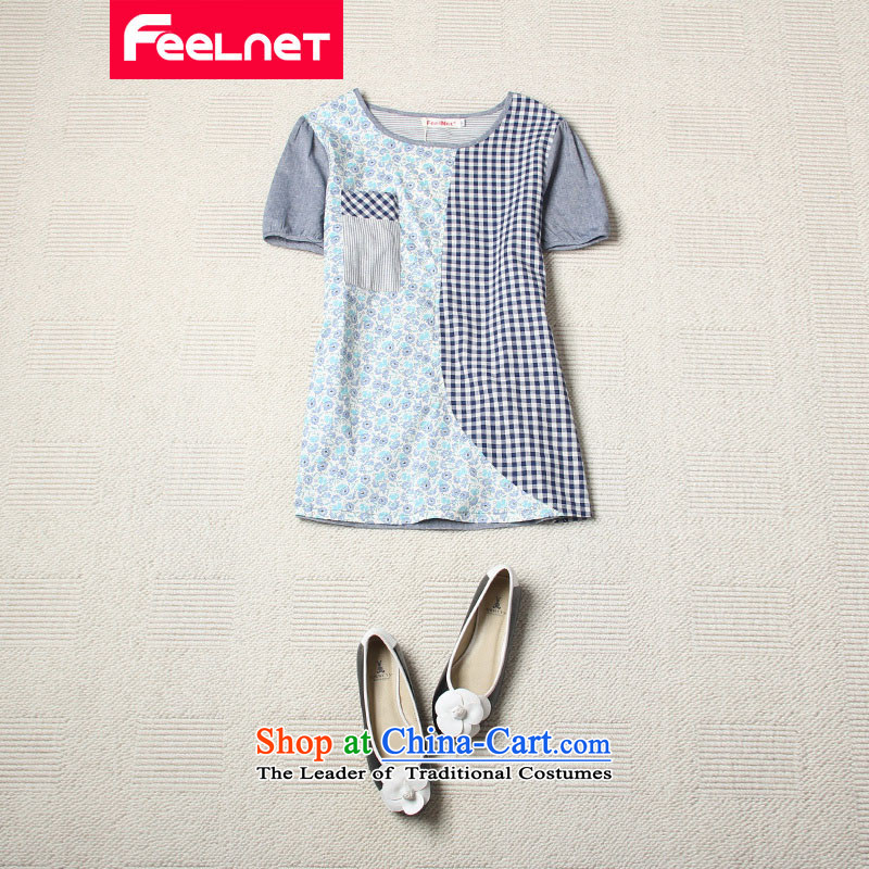 Clearance feelnet XL 2015 Summer new Korean loose Plaid Short-sleeved T-shirt stitching larger T-shirt with floral large number 2136 3XL,FEELNET,,, shopping on the Internet