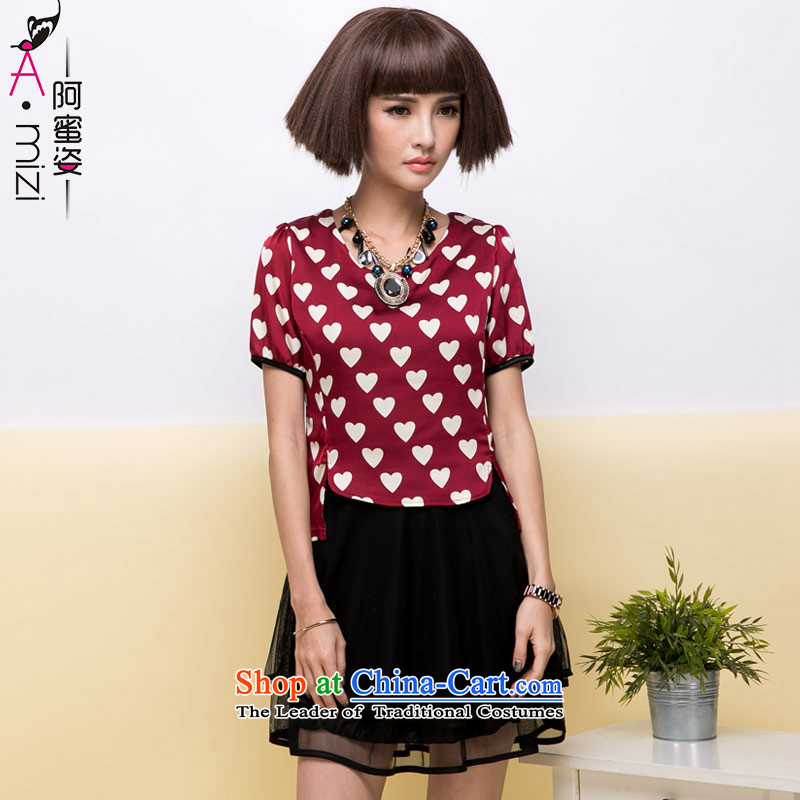 Amista Asagaya Gigi Lai Fat mm larger female explosions of Korean version of the new commercial heart leave two gauze under short-sleeved dresses female peasant 2,468 RMBXXXL wine red
