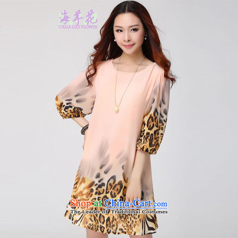 The sea route to spend the summer new Korean version thin thick mm Leopard Stamp round-neck collar chiffon large relaxd dress ST-1 elegant pink?XL