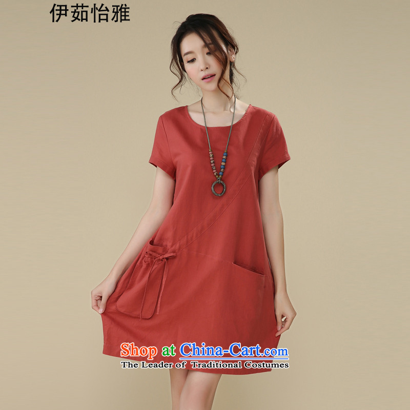 El-ju Yee Nga summer larger female thick sister video thin, Korean short-sleeved cotton linen dresses YS26180 RED?XL