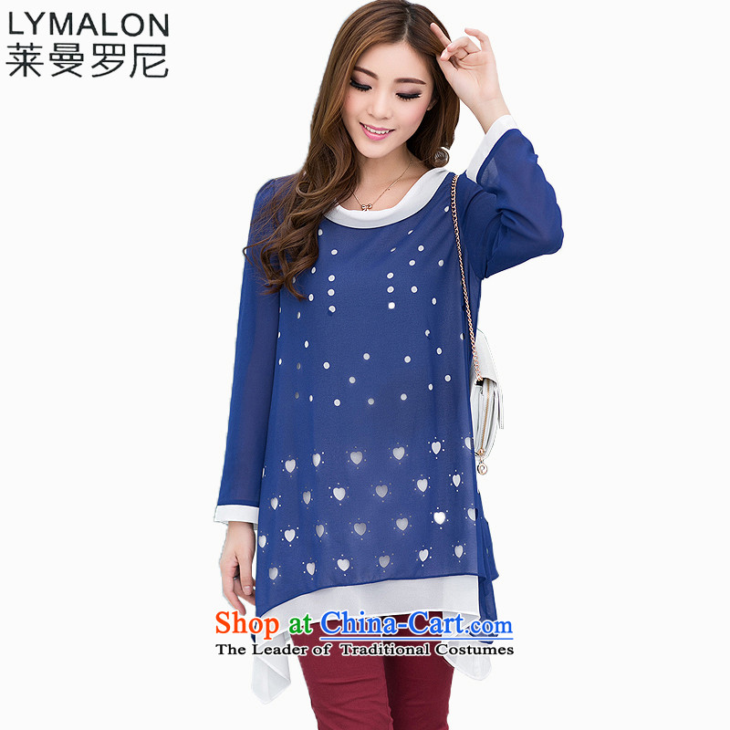 The lymalon lehmann autumn 2015 new product expertise, Hin thin Korean version of large long-sleeved blouses and code chiffon shirt shirt 3048 Blue XL