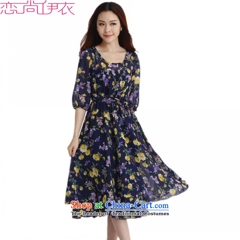 C.o.d. plus hypertrophy code dresses 2015 summer in New elegant floral cuff large chiffon skirt video thin OL temperament. long skirt thick blue m?XL?about 130-145 catty