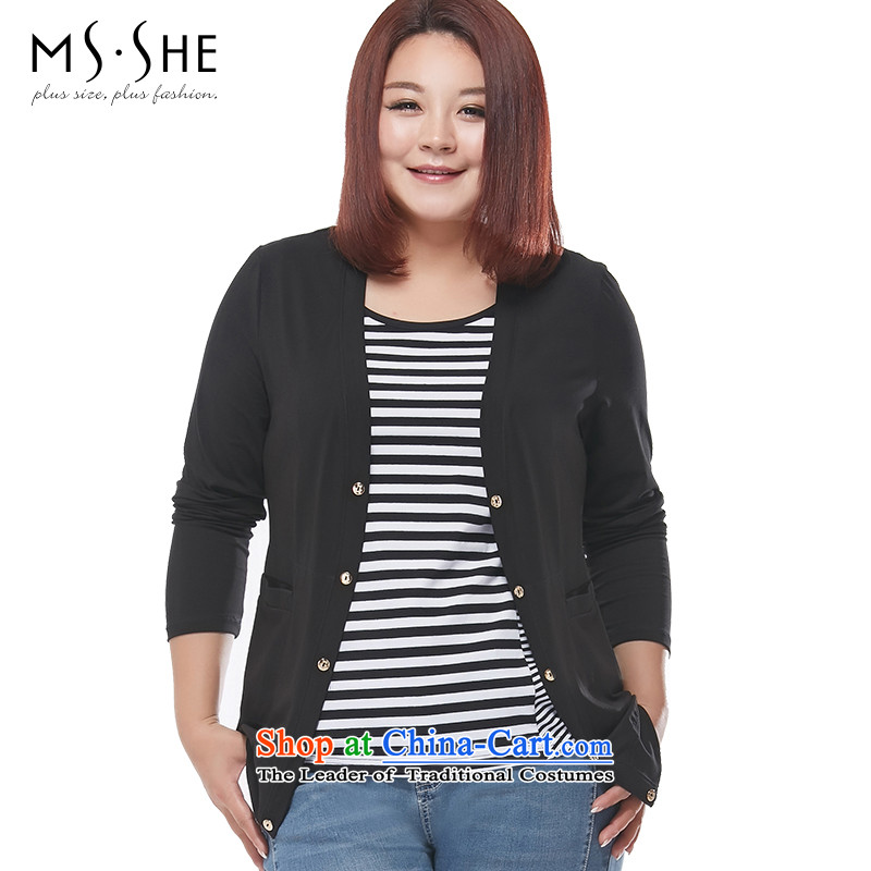 Msshe xl women 2015 autumn the new Korean citizenry video thin cardigan jacket air-conditioning shirt 7127 Black 3XL