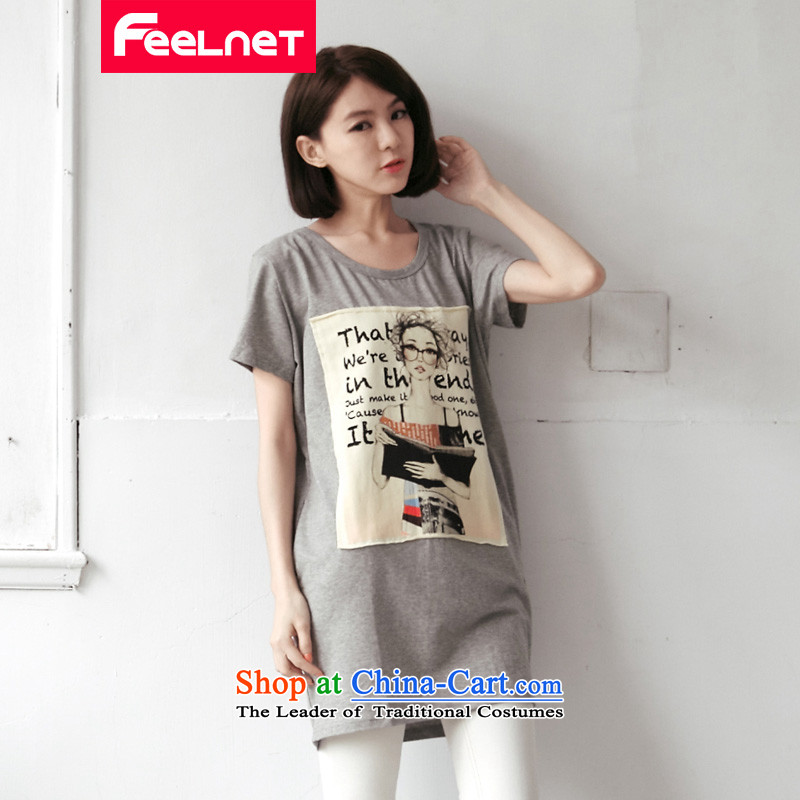 The new summer feelnet2015 Korea thick large mm female long version of the Sau San girls large short-sleeved letter t-shirt 2175_ large gray code 3XL