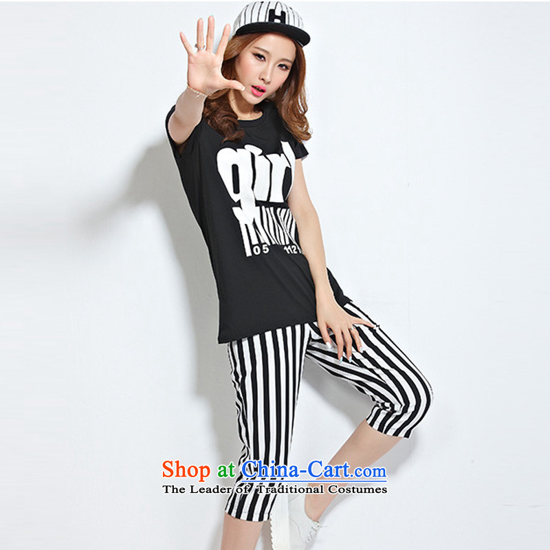 Morning to 2015 mm thick summer new Korean video thin to Sau San xl stamp kit knocked color letter T-shirt + streaks stamp casual pants 5XL( black kit for 180-200) morning to , , , catty shopping on the Internet