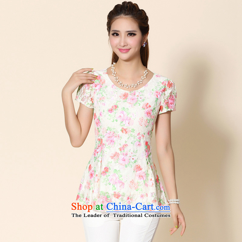 As provided for 2014 XL female thick MM summer new lace shirt thick sister thin large graphics short-sleeved T-shirt flower No. 2150 apricot 5XL, Yee (qisuo provisions) , , , shopping on the Internet