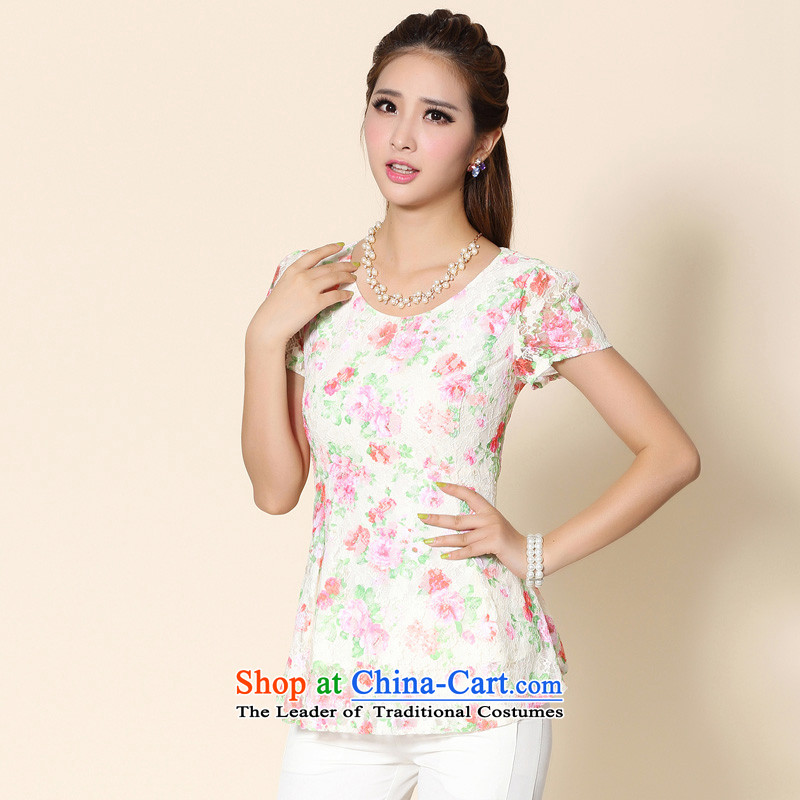 As provided for 2014 XL female thick MM summer new lace shirt thick sister thin large graphics short-sleeved T-shirt flower No. 2150 apricot 5XL, Yee (qisuo provisions) , , , shopping on the Internet
