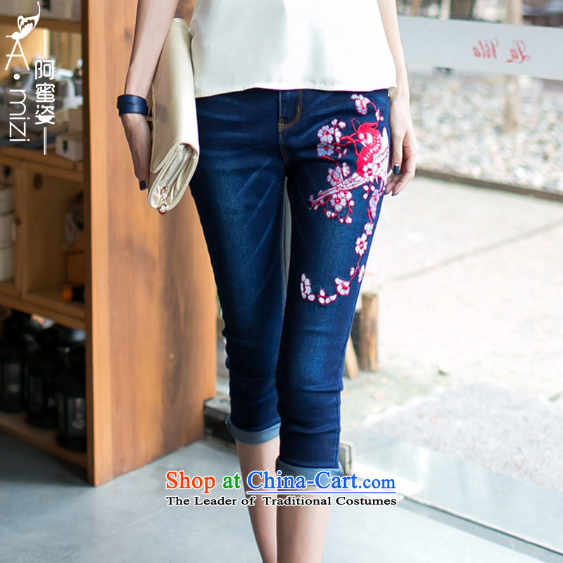 Amista Asagaya Gigi Lai Fat mm larger women's summer ethnic tension Sau San thin flower embroidery, 7 female 8751 dark blue jeansXL