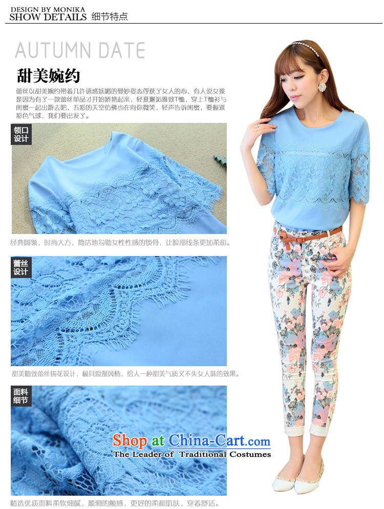 Xl female mm2014 thick Korean new summer thick sister video thin lace stitching short-sleeved T-shirt with round collar blue XXL picture, prices, brand platters! The elections are supplied in the national character of distribution, so action, buy now enjoy more preferential! As soon as possible.