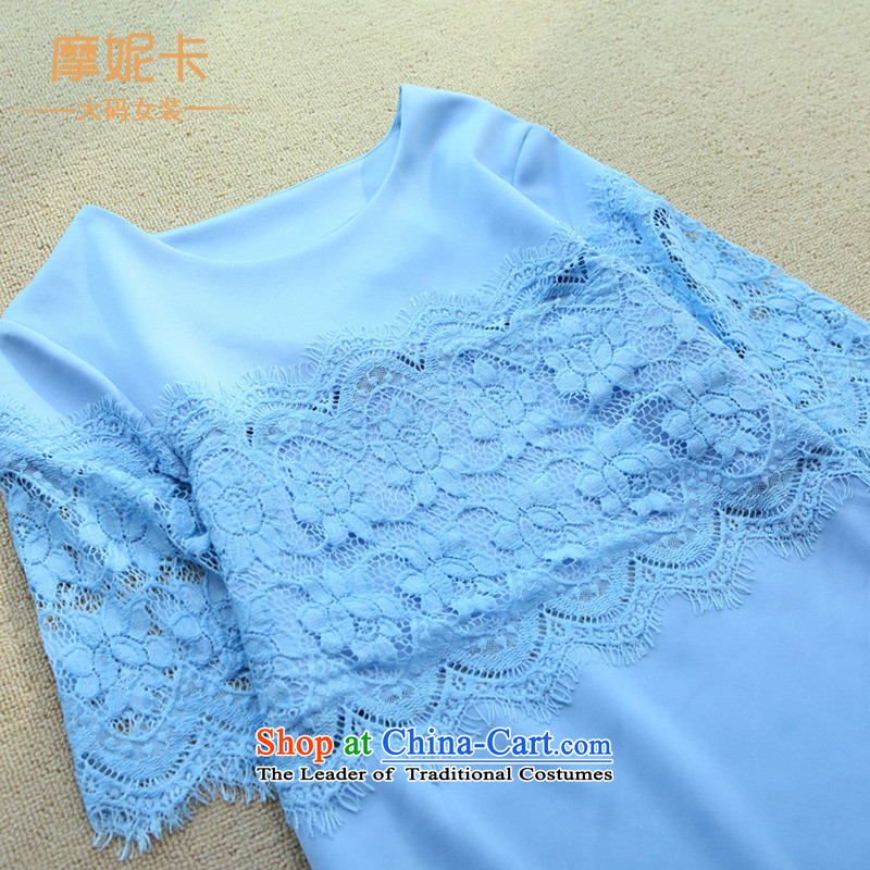 Xl female mm2014 thick Korean new summer thick sister video thin lace stitching short-sleeved T-shirt with round collar blue XXL, Annick American Samoa has been pressed shopping on the Internet