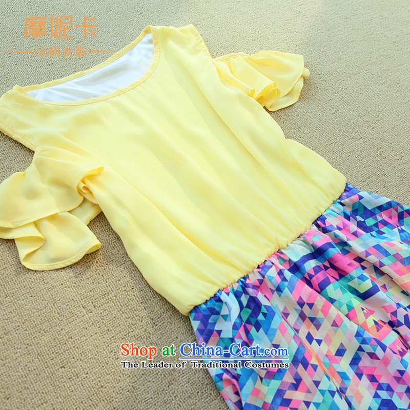 Maximum number of ladies thick mm2014 summer new Korean version of Lotus thin shoulders cuff stitching short-sleeved chiffon dresses Yellow XL, American Samoa Nika shopping on the Internet has been pressed.