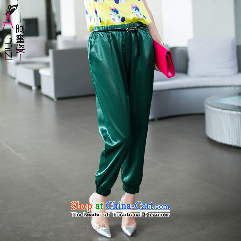Amista Asagaya Gigi Lai Fat mm larger female European and American Van summer collection pin port Pearl Satin-haran trousers leisure 9 female?9 017 would be?green?XXXL trousers